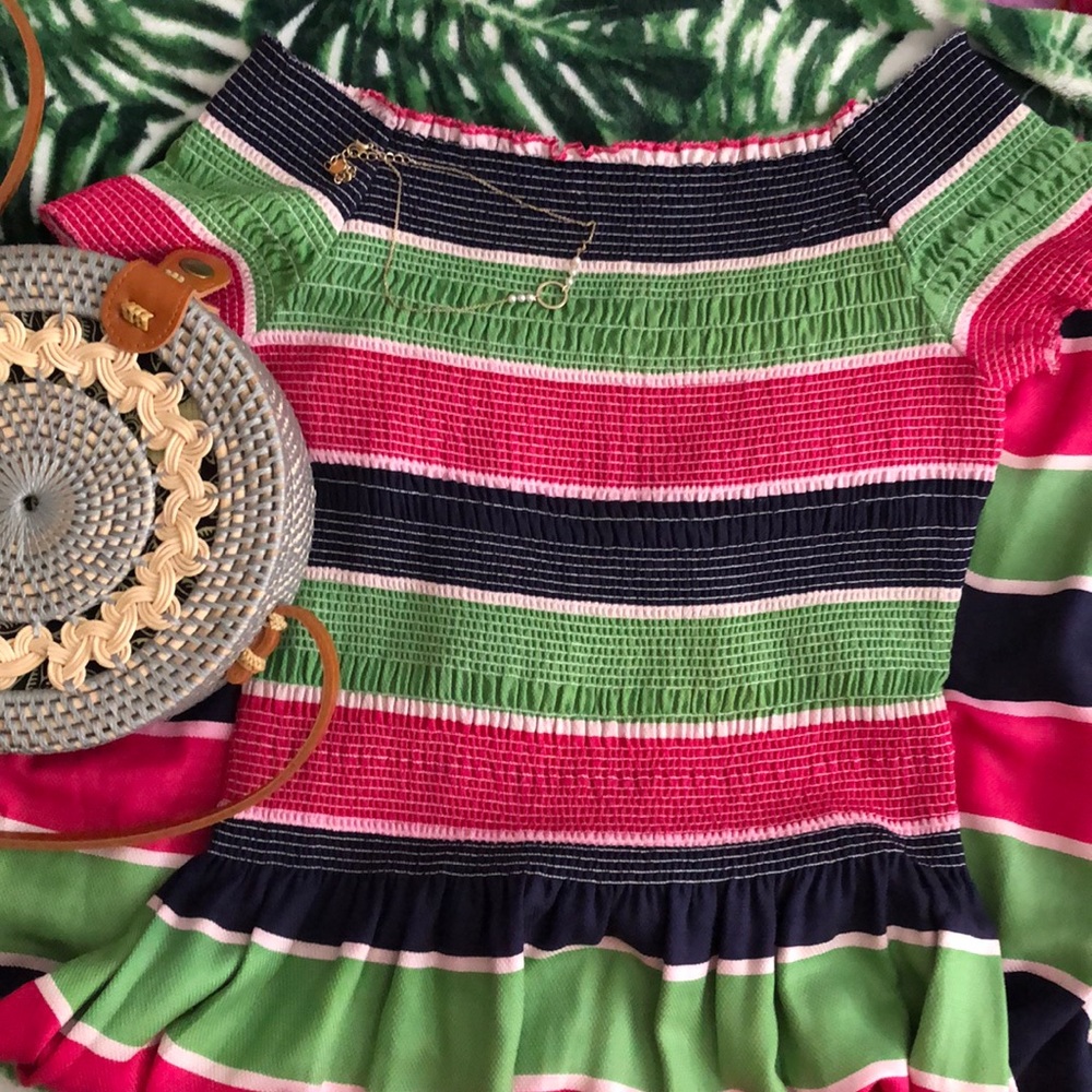 Blue Green & Pink Striped Off-the-Shoulder Dress